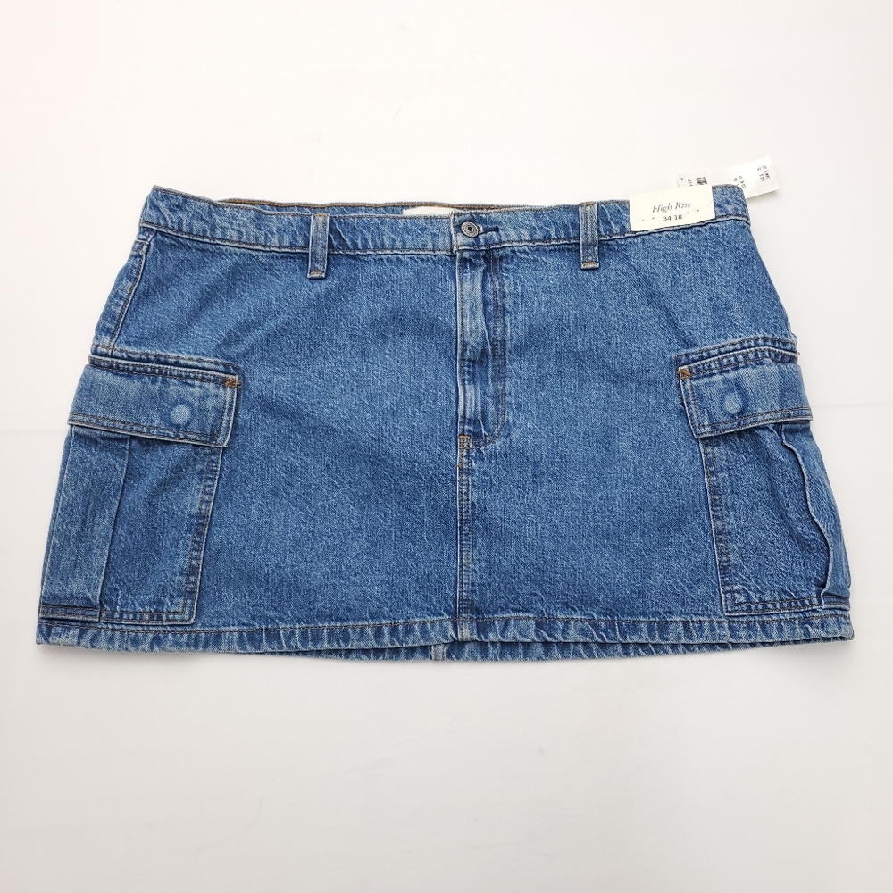 NEW Abercrombie & Fitch High Rise Denim Cargo Mini Skirt Size 34/18 - Picture 2 of 14